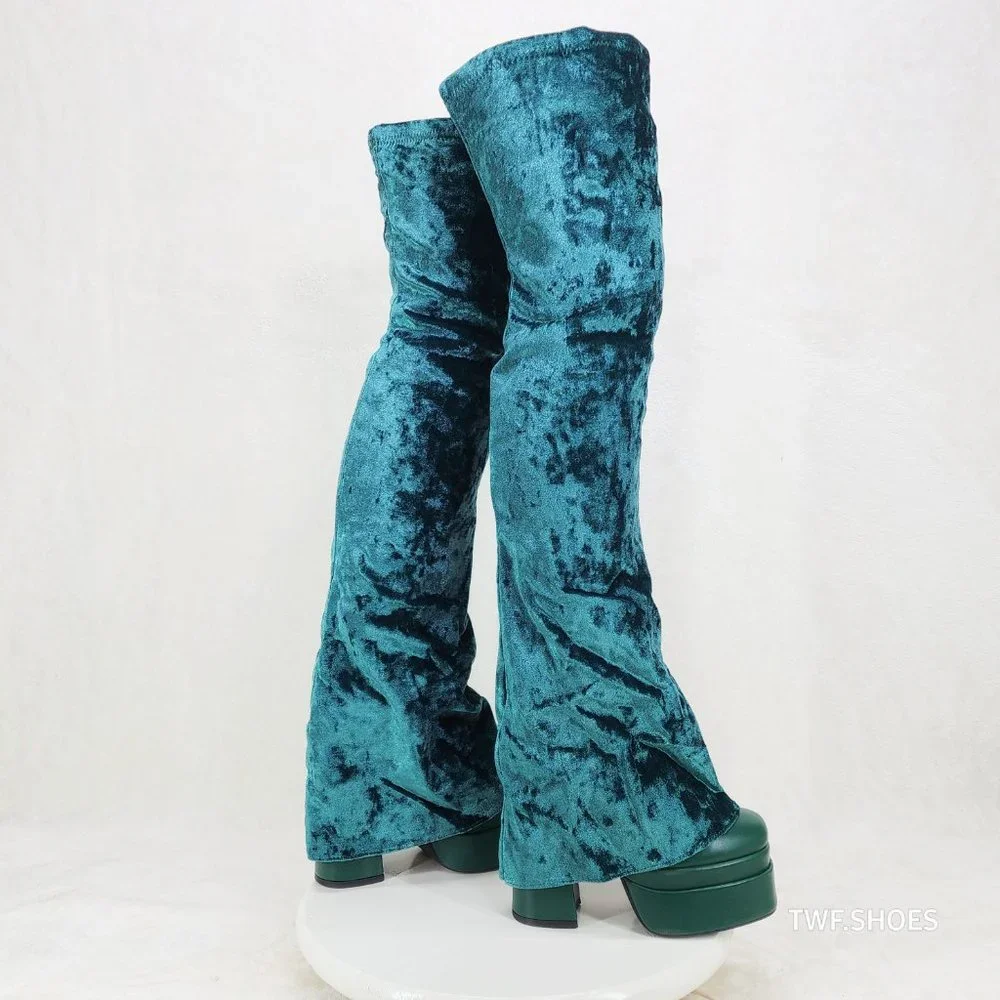 Good Will Unique Thigh High Emerald Velvet Fold over Chunky Heel Platform Boots - Picture 6 of 15
